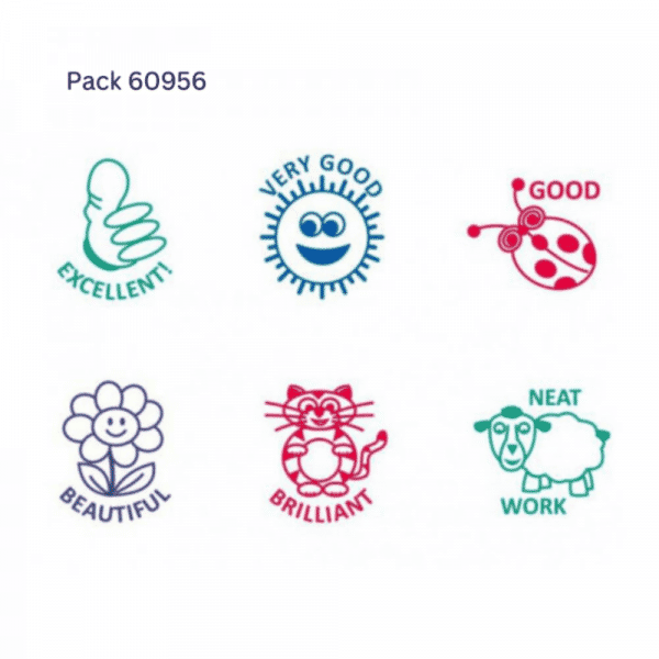 Box of 6 motivational stamps for use by teachers or parents alike. Great for rewarding children's success - sun, thump up, ladybird